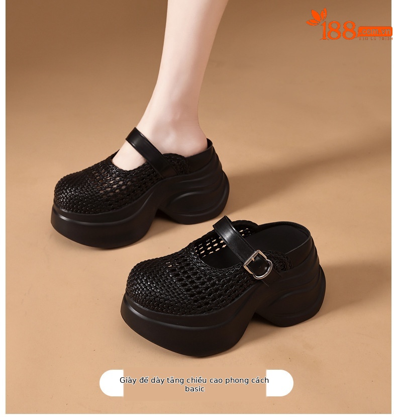 Dép sandal nữ đế dày tăng chiều cao, quai chữ V, mũi kín, phong cách xốp mát — màu đen chi tiết 1