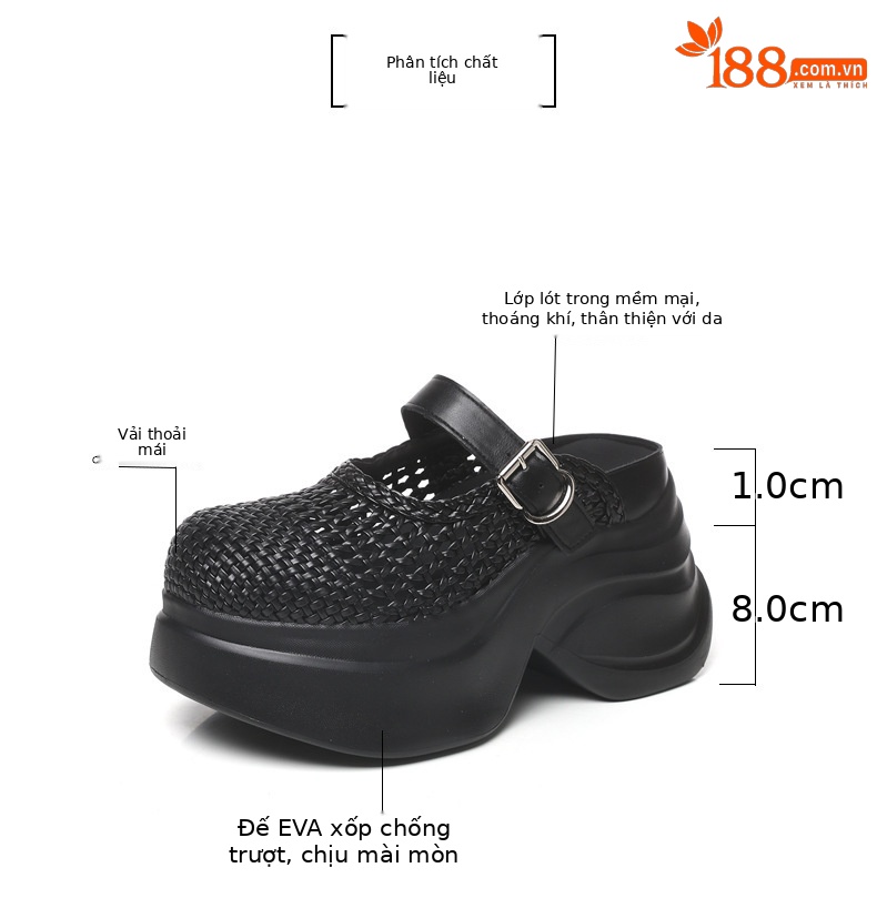 Dép sandal nữ đế dày tăng chiều cao, quai chữ V, mũi kín, phong cách xốp mát — màu đen chi tiết 3