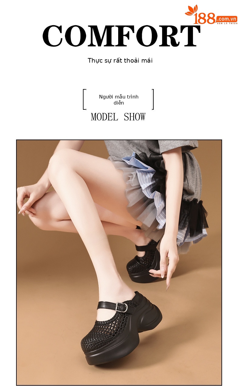 Dép sandal nữ đế dày tăng chiều cao, quai chữ V, mũi kín, phong cách xốp mát — màu đen chi tiết 11