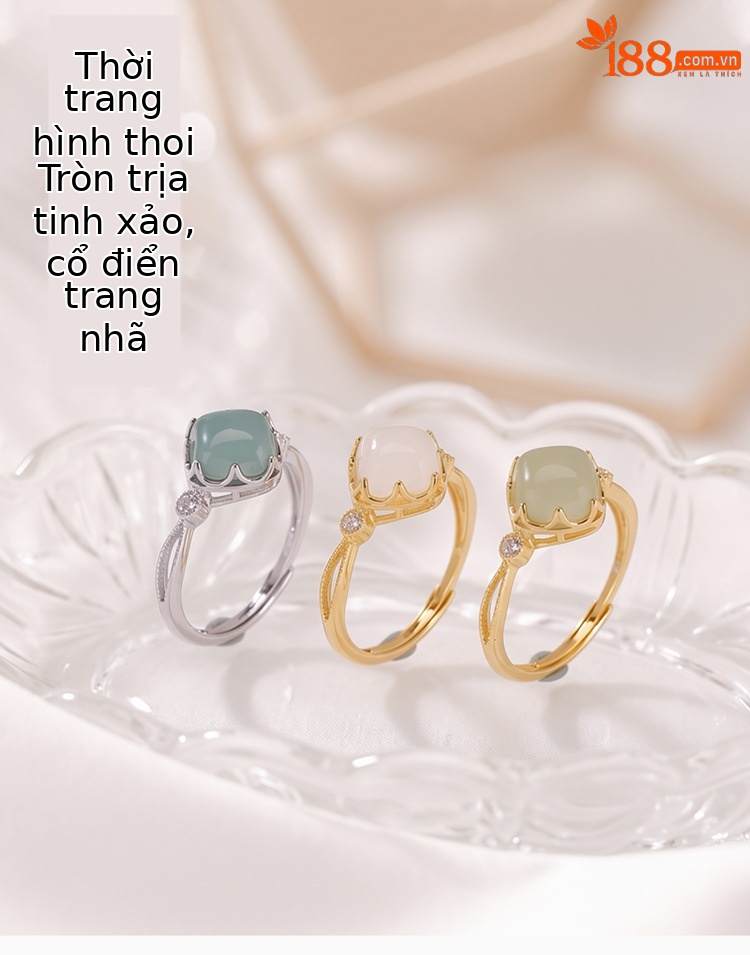 Nhẫn nữ bạc S925 mạ vàng đính ngọc bích hình vuông phong cách hiện đại — Ngọc bích chi tiết 1
