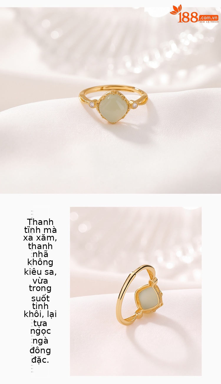 Nhẫn nữ bạc S925 mạ vàng đính ngọc bích hình vuông phong cách hiện đại — Ngọc bích chi tiết 3