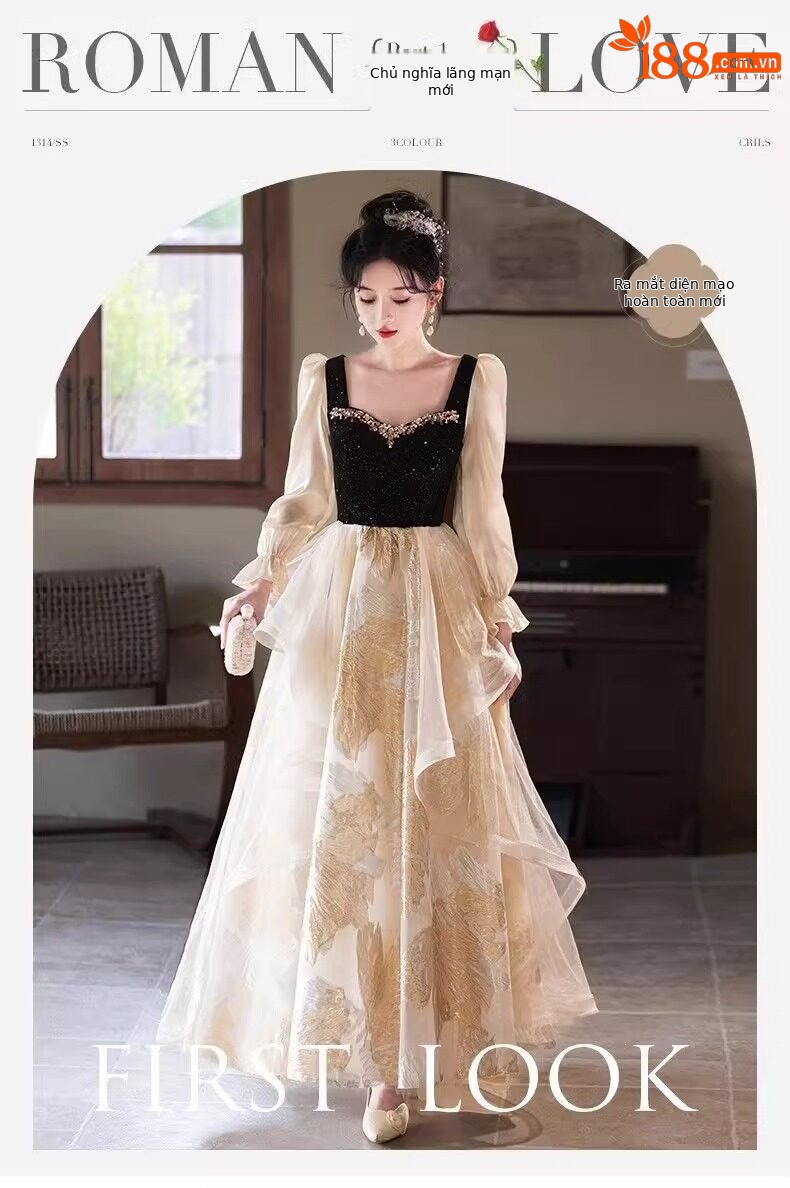 Đầm dạ hội nữ kiểu Pháp cổ yếm dáng suông midi — Màu ảnh 2503 chi tiết 1