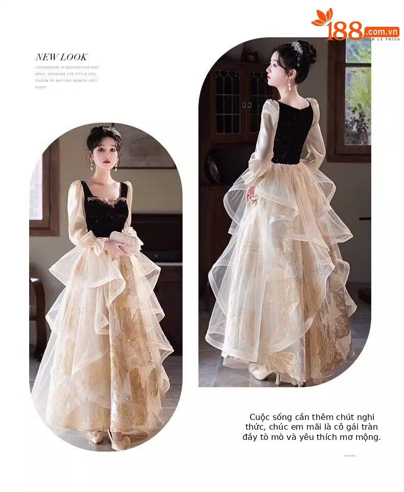 Đầm dạ hội nữ kiểu Pháp cổ yếm dáng suông midi — Màu ảnh 2503 chi tiết 3