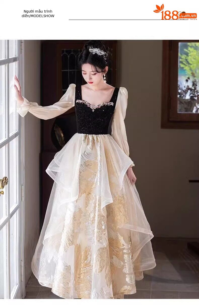 Đầm dạ hội nữ kiểu Pháp cổ yếm dáng suông midi — Màu ảnh 2503 chi tiết 5