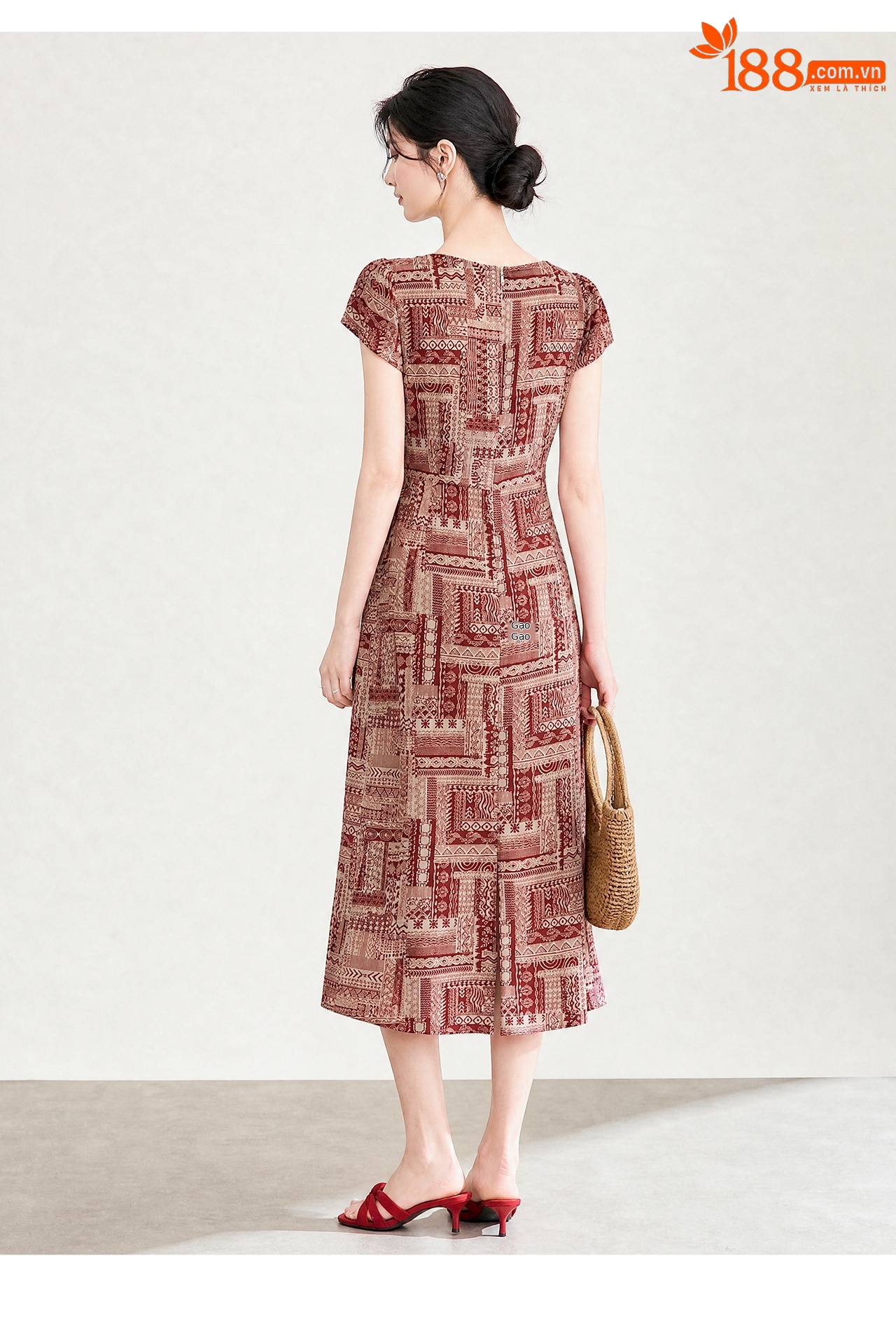 Đầm maxi nữ họa tiết bohemian tay ngắn thắt eo chất liệu voan — màu hồng chi tiết 14