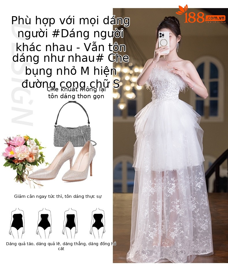 Đầm maxi nữ thắt eo cổ yếm phong cách Pháp, tay lỡ xếp tầng, phối lông vũ trang trí — Trắng chi tiết 2