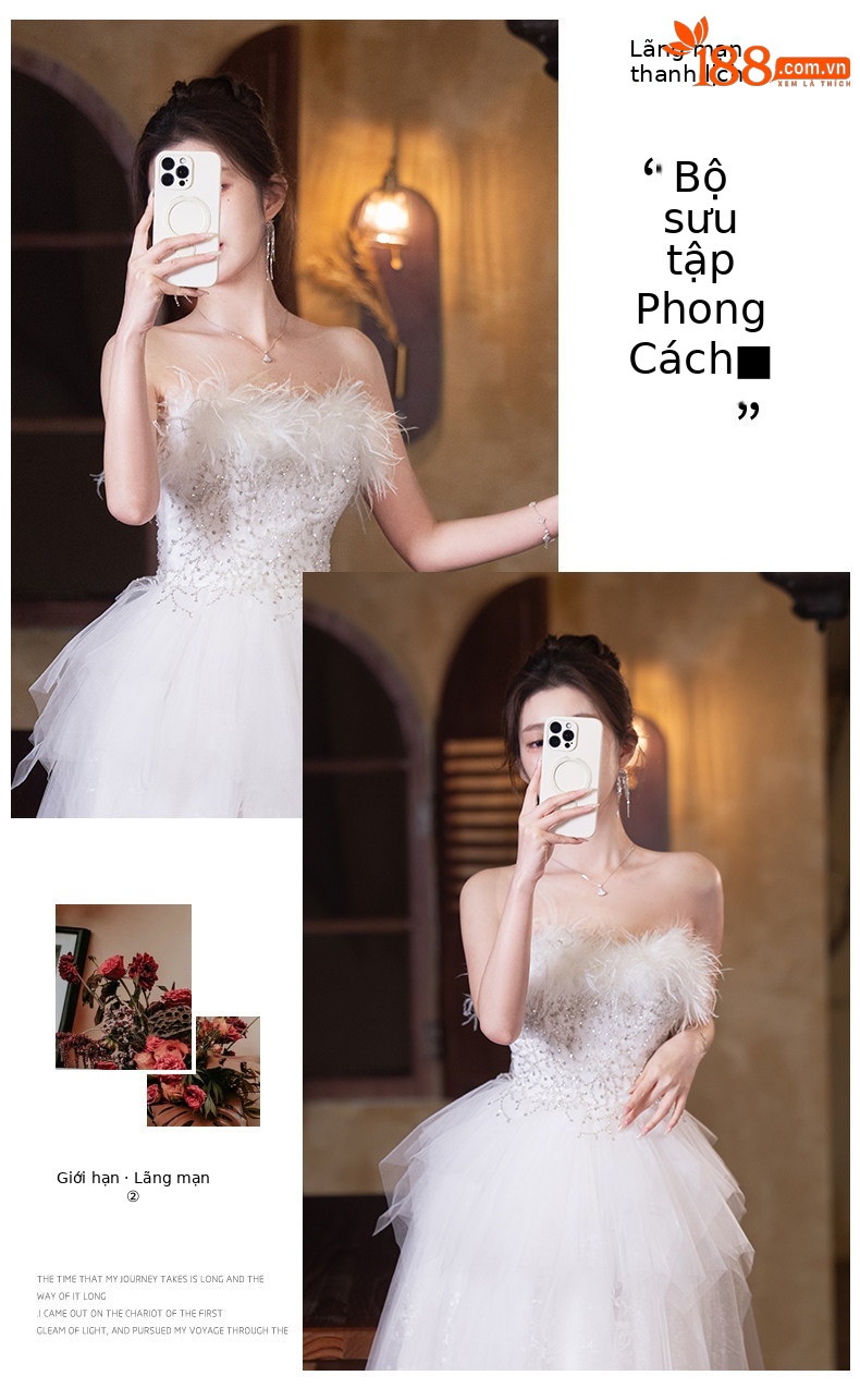 Đầm maxi nữ thắt eo cổ yếm phong cách Pháp, tay lỡ xếp tầng, phối lông vũ trang trí — Trắng chi tiết 6