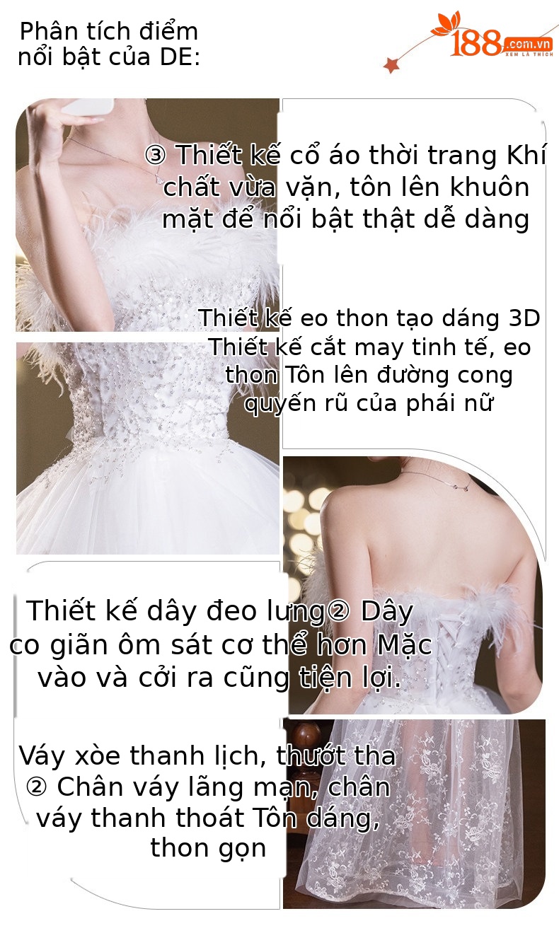 Đầm maxi nữ thắt eo cổ yếm phong cách Pháp, tay lỡ xếp tầng, phối lông vũ trang trí — Trắng chi tiết 4