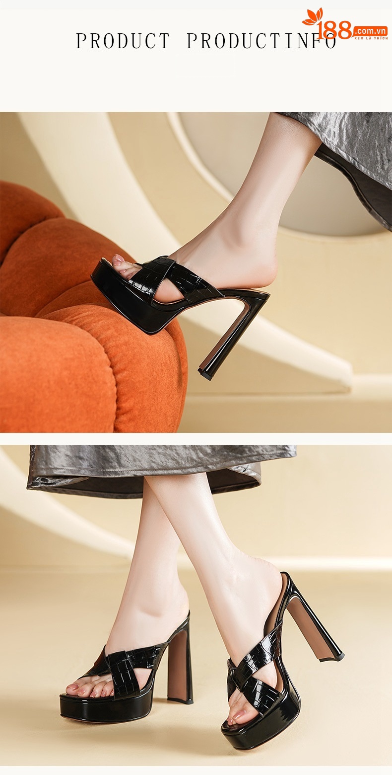 Sandal cao gót nữ hở mũi da bò gót thô 13,5 cm — đen chi tiết 2