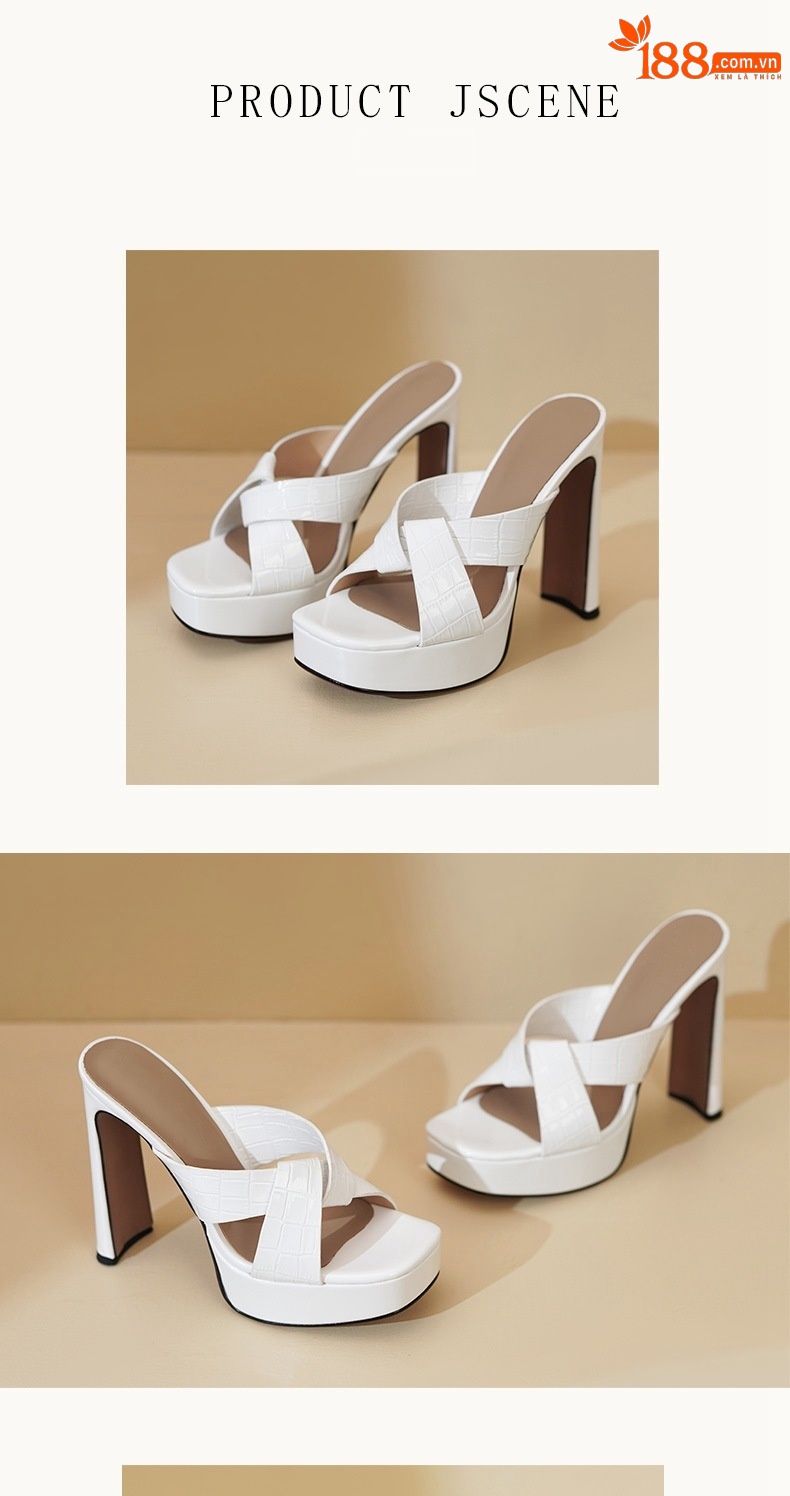 Sandal cao gót nữ hở mũi da bò gót thô 13,5 cm — đen chi tiết 5