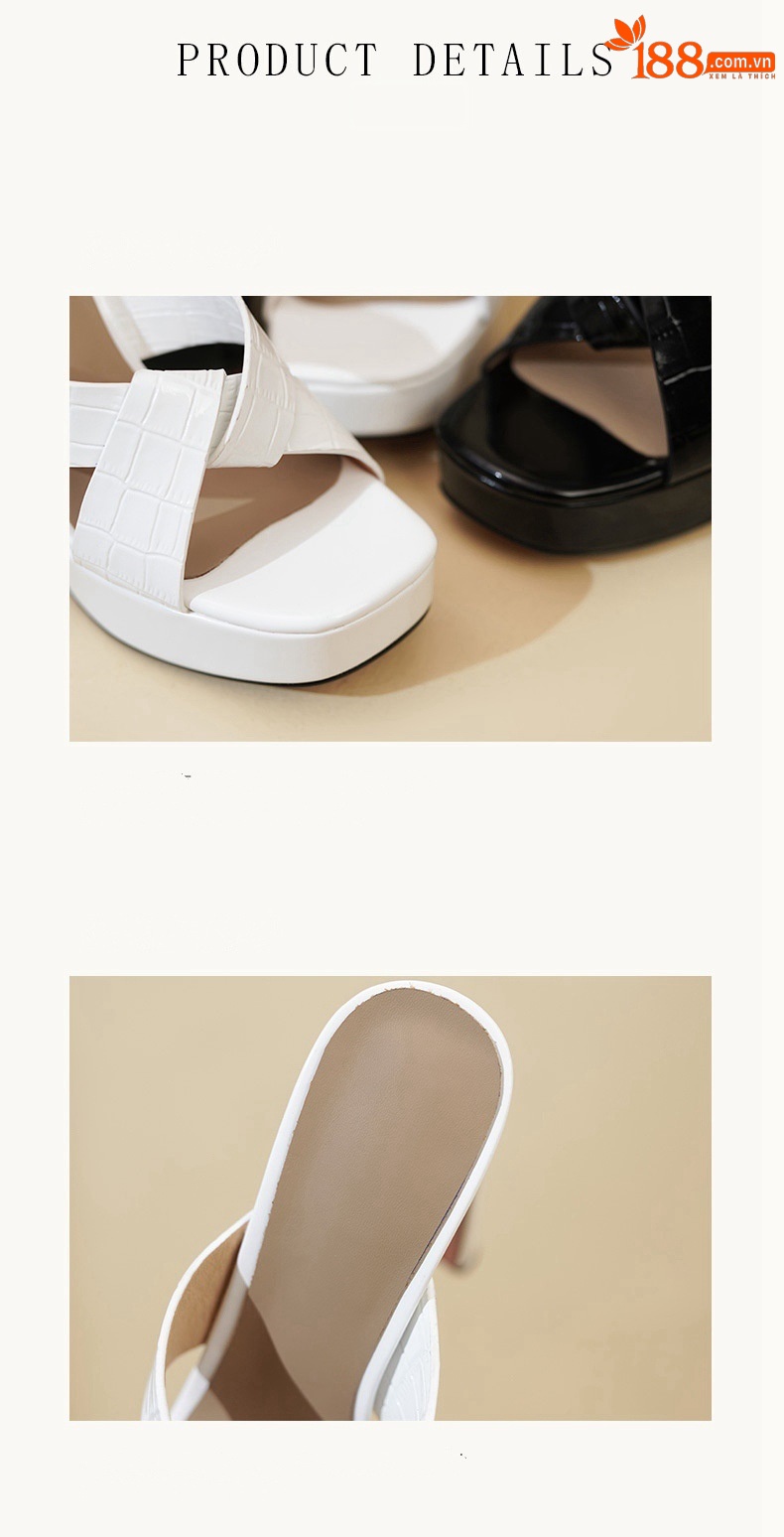 Sandal cao gót nữ hở mũi da bò gót thô 13,5 cm — đen chi tiết 7