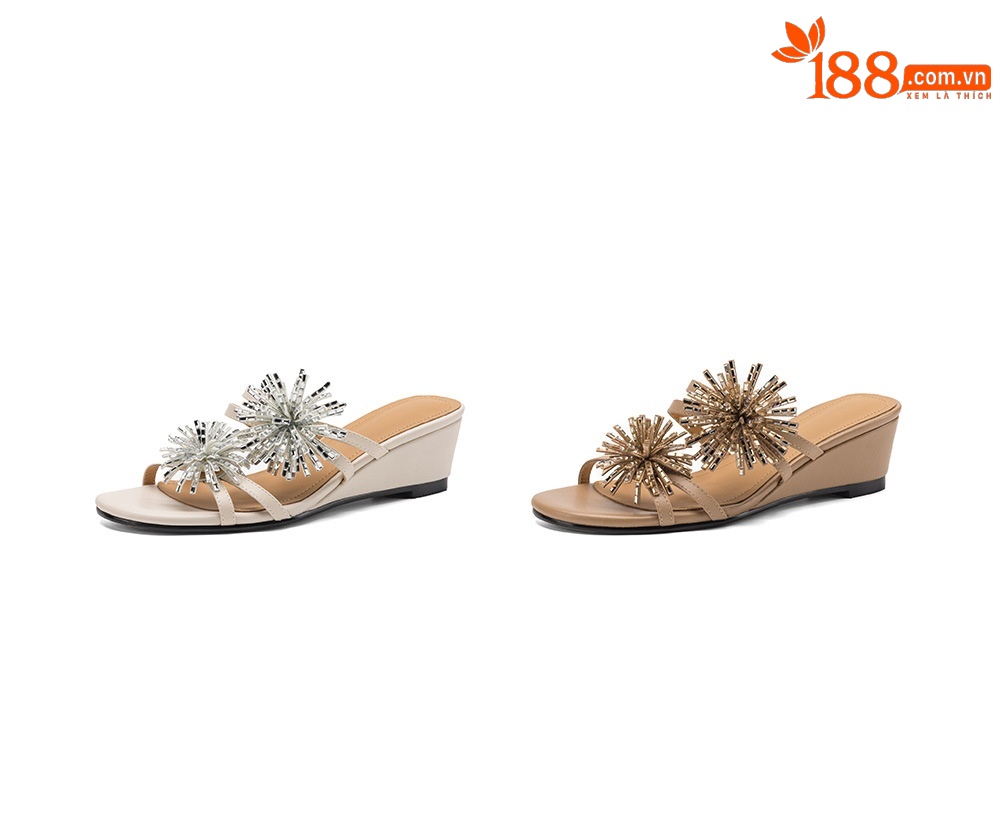 Sandal cao gót nữ hở mũi đế xuồng đính đá pha lê, gót 5 cm, chất da bò mềm — màu trắng ngà chi tiết 4