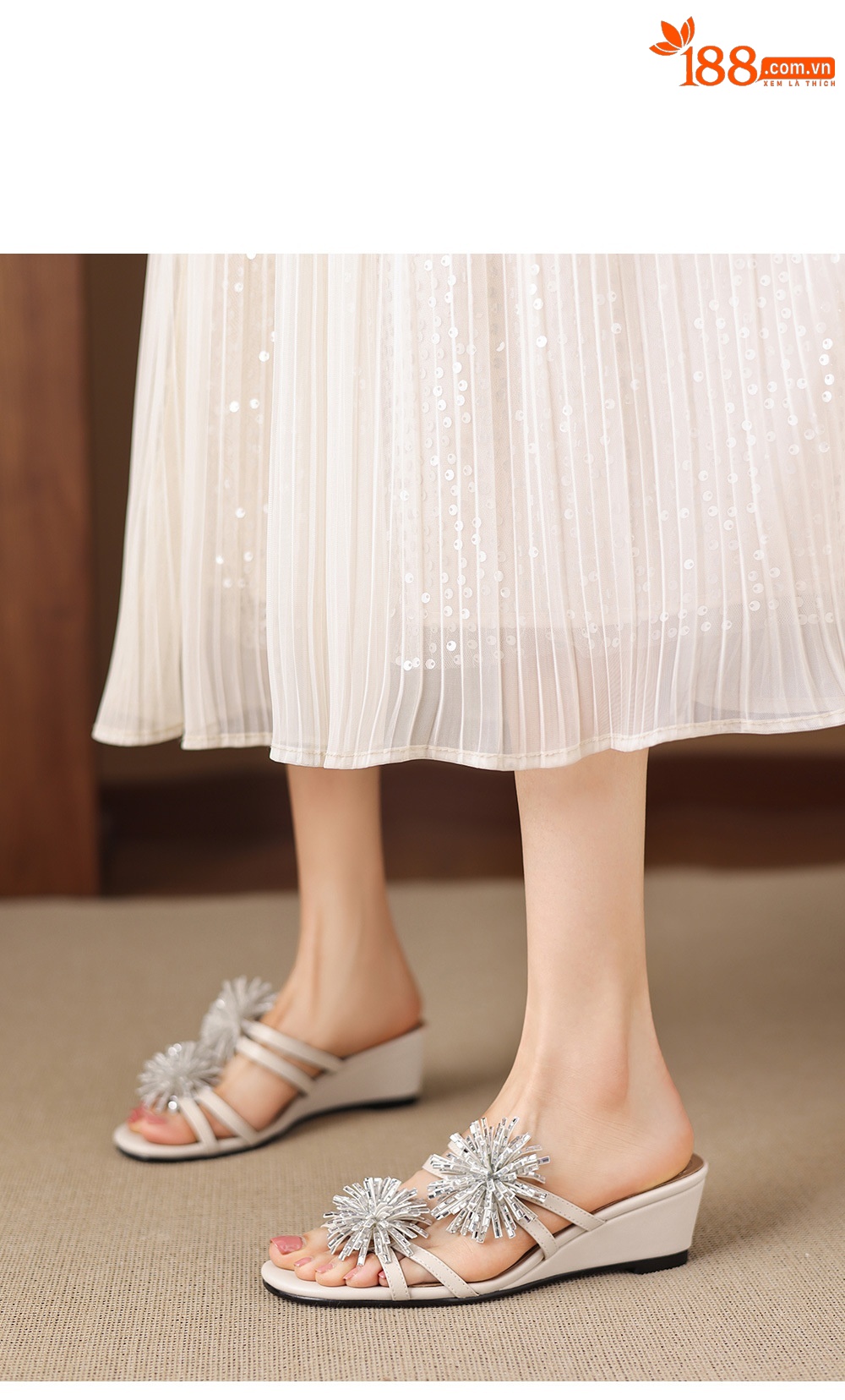 Sandal cao gót nữ hở mũi đế xuồng đính đá pha lê, gót 5 cm, chất da bò mềm — màu trắng ngà chi tiết 15