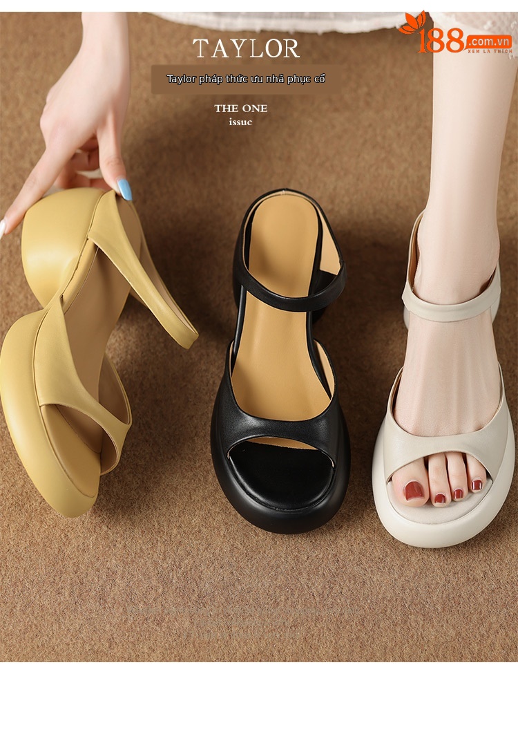 Sandal cao gót hở mũi nữ phong cách Pháp đế dày chống trượt — màu đen, màu trắng ngà, màu vàng chi tiết 4