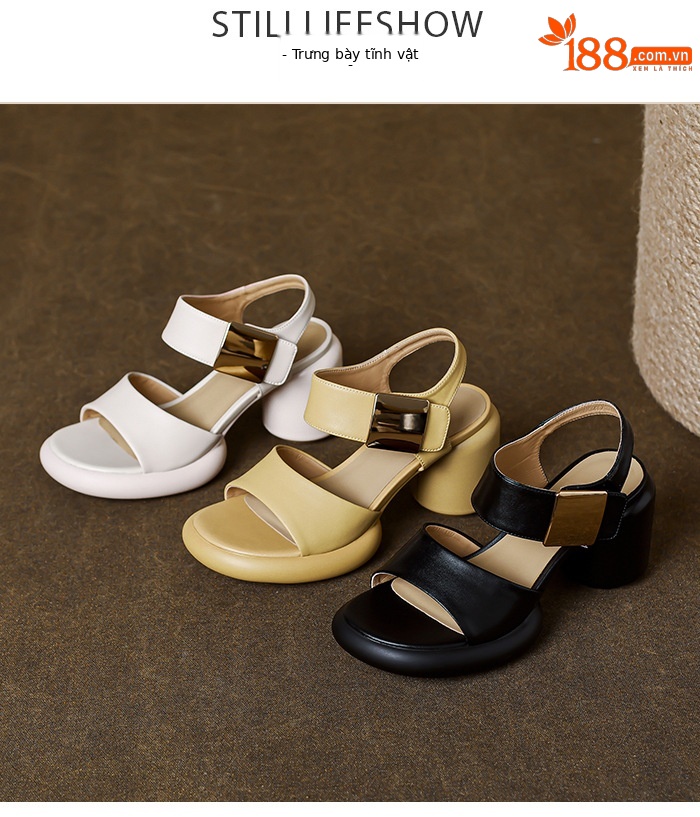 Sandal cao gót nữ mũi hở quai ngang kim loại, đế dày gót vuông, khóa dán — màu đen, màu trắng, màu vàng chi tiết 19