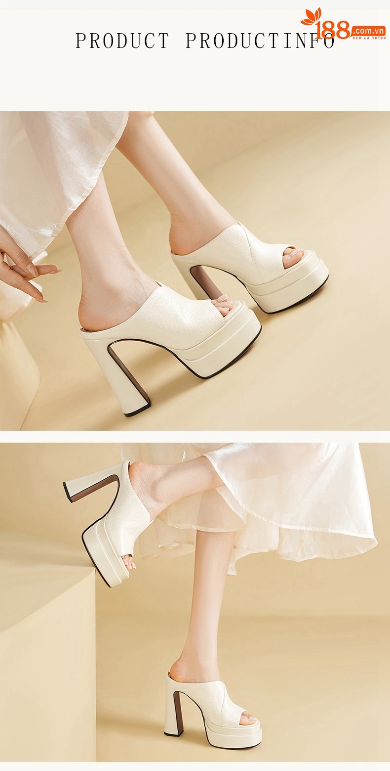 Sandal cao gót nữ mũi hở da bò gót thô đế dày 13 cm — đen chi tiết 2