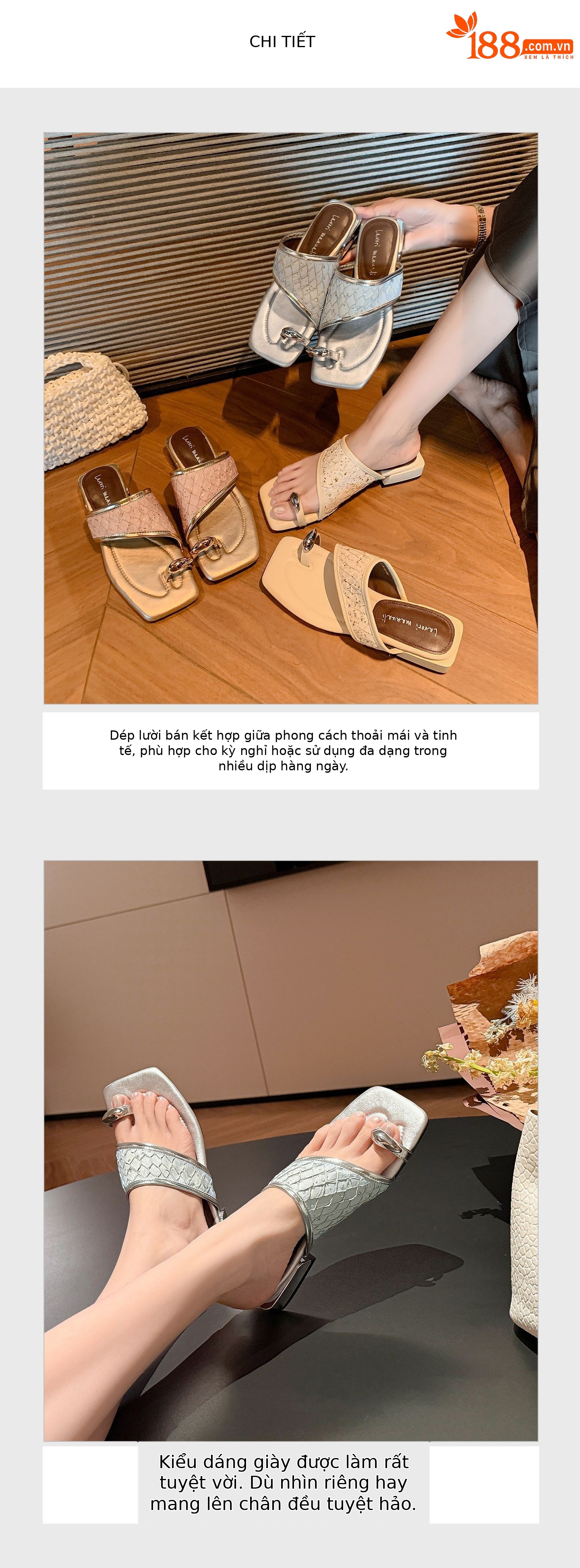 Dép sandal xỏ ngón nữ đế bệt phong cách Pháp mũi vuông, chất liệu giả da cá sấu, quai đan dệt — màu thiên thanh, màu hồng, màu trắng ngà chi tiết 6
