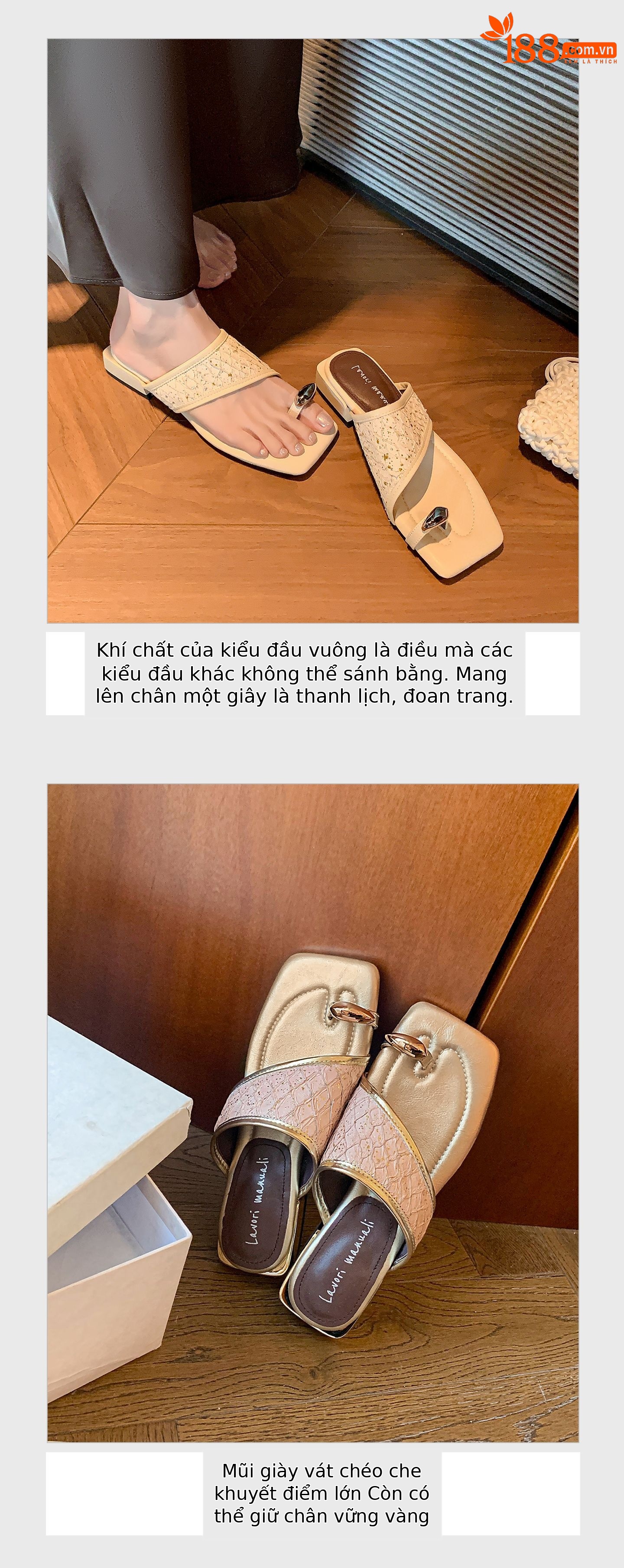 Dép sandal xỏ ngón nữ đế bệt phong cách Pháp mũi vuông, chất liệu giả da cá sấu, quai đan dệt — màu thiên thanh, màu hồng, màu trắng ngà chi tiết 7