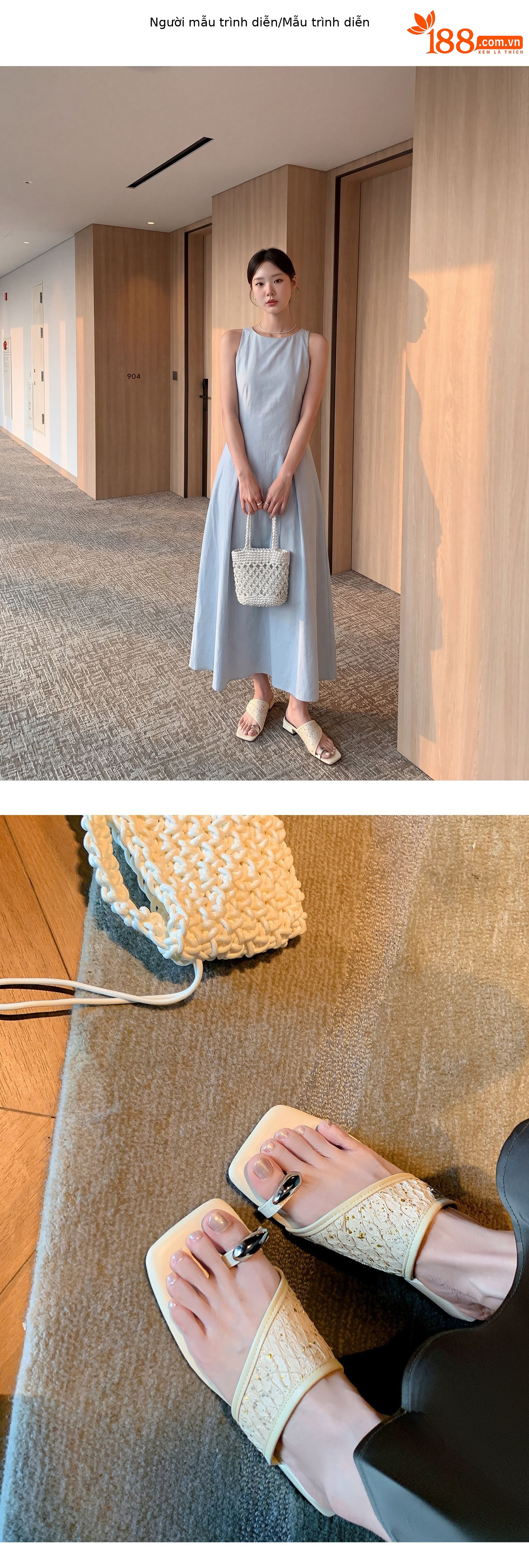 Dép sandal xỏ ngón nữ đế bệt phong cách Pháp mũi vuông, chất liệu giả da cá sấu, quai đan dệt — màu thiên thanh, màu hồng, màu trắng ngà chi tiết 8