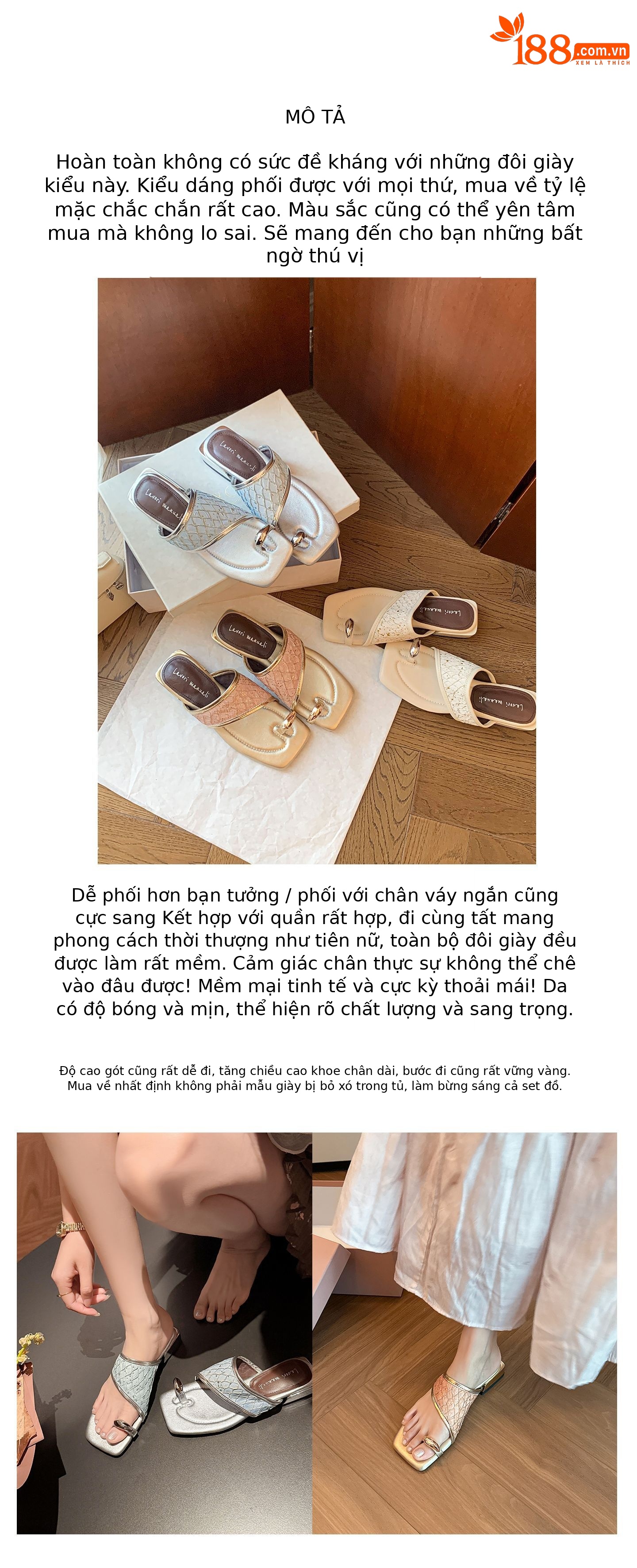 Dép sandal xỏ ngón nữ đế bệt phong cách Pháp mũi vuông, chất liệu giả da cá sấu, quai đan dệt — màu thiên thanh, màu hồng, màu trắng ngà chi tiết 5