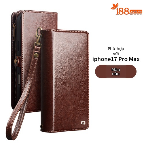 Ốp lưng da thật iPhone 17 Pro Max có giá đỡ từ tính, nắp gập kèm khe cắm thẻ — iphone17promax túi da cổ điển nâu, iphone17promax túi da cổ điển đen