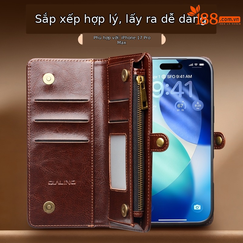 Ốp lưng da thật iPhone 17 Pro Max có giá đỡ từ tính, nắp gập kèm khe cắm thẻ — iphone17promax túi da cổ điển nâu, iphone17promax túi da cổ điển đen