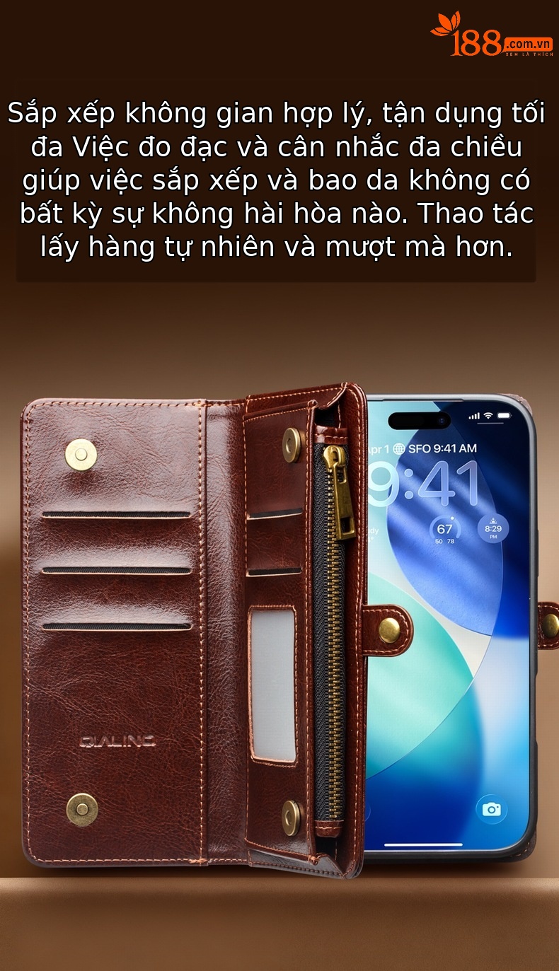 Ốp lưng da thật iPhone 17 Pro Max có giá đỡ từ tính, nắp gập kèm khe cắm thẻ — iphone17promax túi da cổ điển nâu, iphone17promax túi da cổ điển đen chi tiết 3