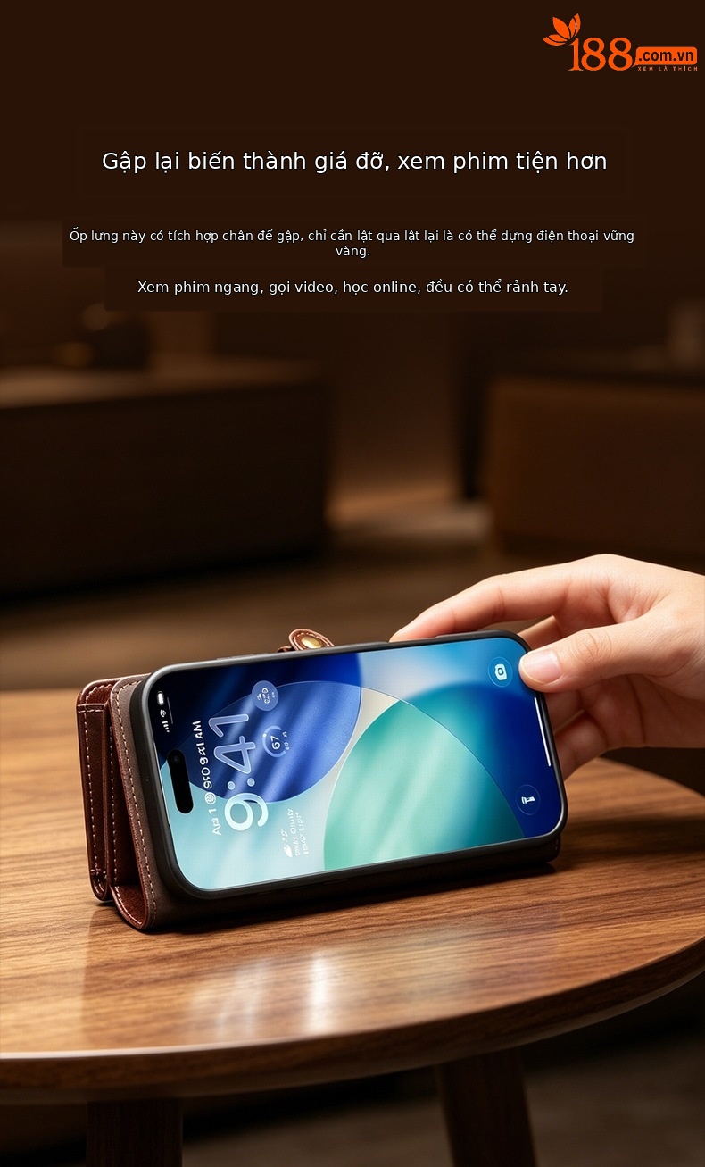 Ốp lưng da thật iPhone 17 Pro Max có giá đỡ từ tính, nắp gập kèm khe cắm thẻ — iphone17promax túi da cổ điển nâu, iphone17promax túi da cổ điển đen chi tiết 5