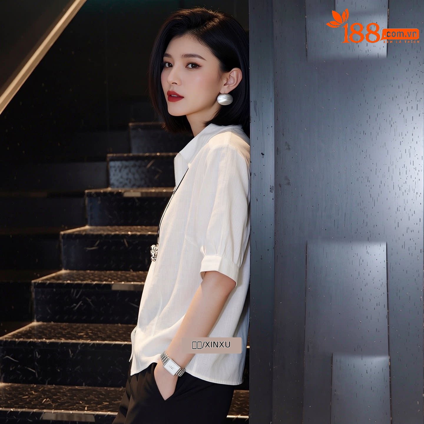 Áo sơ mi ngắn tay nữ cổ lật phong cách nhẹ nhàng, thiết kế dây kéo trước, form suông tôn dáng — màu trắng chi tiết 2
