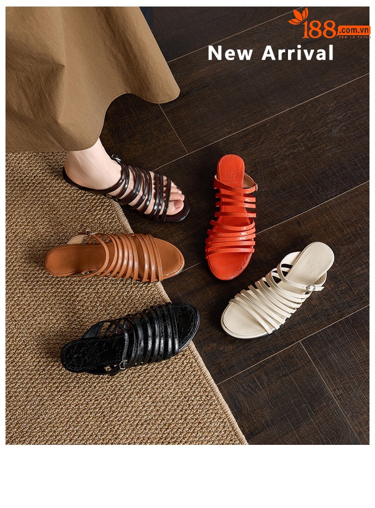 Dép sandal nữ quai chữ V đế bệt dây da bò phong cách La Mã — màu nâu chi tiết 1