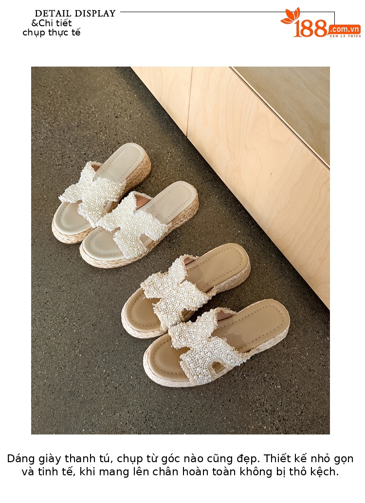 Dép sandal xỏ ngón nữ đế bệt cao 5 cm phong cách Pháp đính ngọc trai và đá — màu trắng ngà, màu mơ chi tiết 1