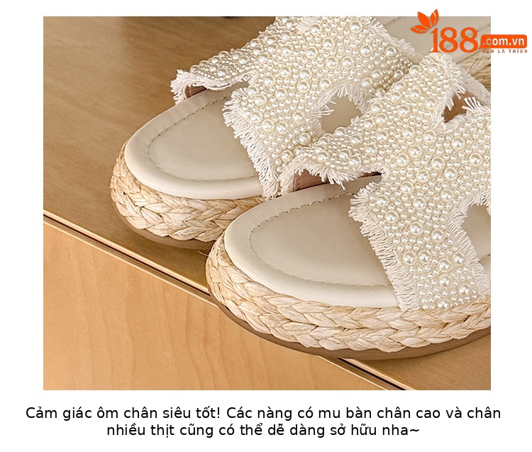 Dép sandal xỏ ngón nữ đế bệt cao 5 cm phong cách Pháp đính ngọc trai và đá — màu trắng ngà, màu mơ chi tiết 2