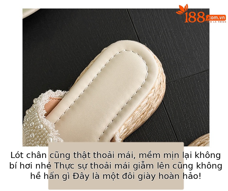 Dép sandal xỏ ngón nữ đế bệt cao 5 cm phong cách Pháp đính ngọc trai và đá — màu trắng ngà, màu mơ chi tiết 3