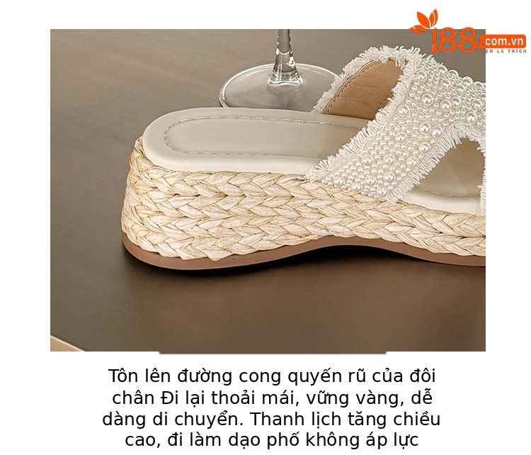 Dép sandal xỏ ngón nữ đế bệt cao 5 cm phong cách Pháp đính ngọc trai và đá — màu trắng ngà, màu mơ chi tiết 4