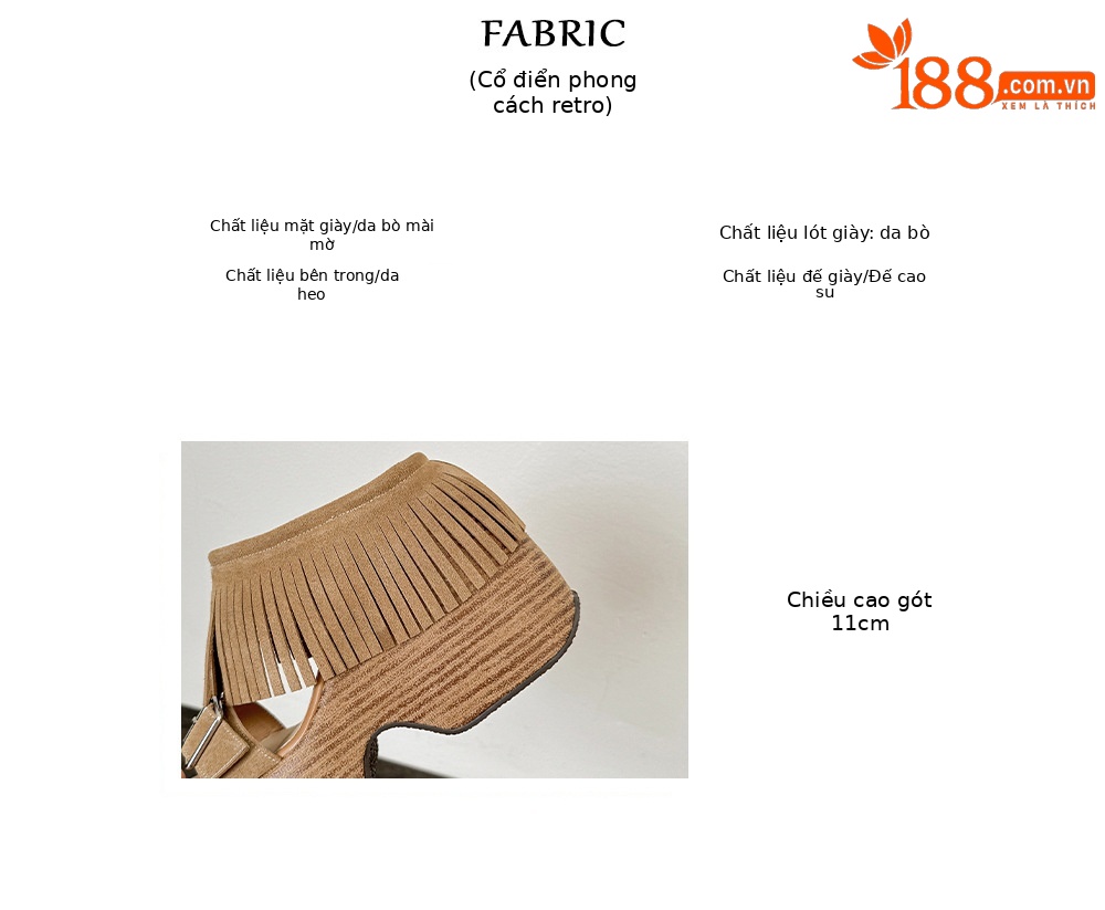 Sandal nữ hở mũi đế dày gót 11 cm tua rua quai ngang khóa — nâu sẫm chi tiết 3