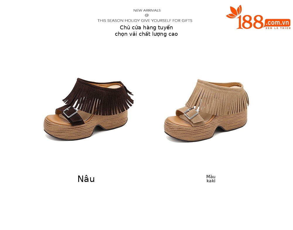 Sandal nữ hở mũi đế dày gót 11 cm tua rua quai ngang khóa — nâu sẫm chi tiết 5