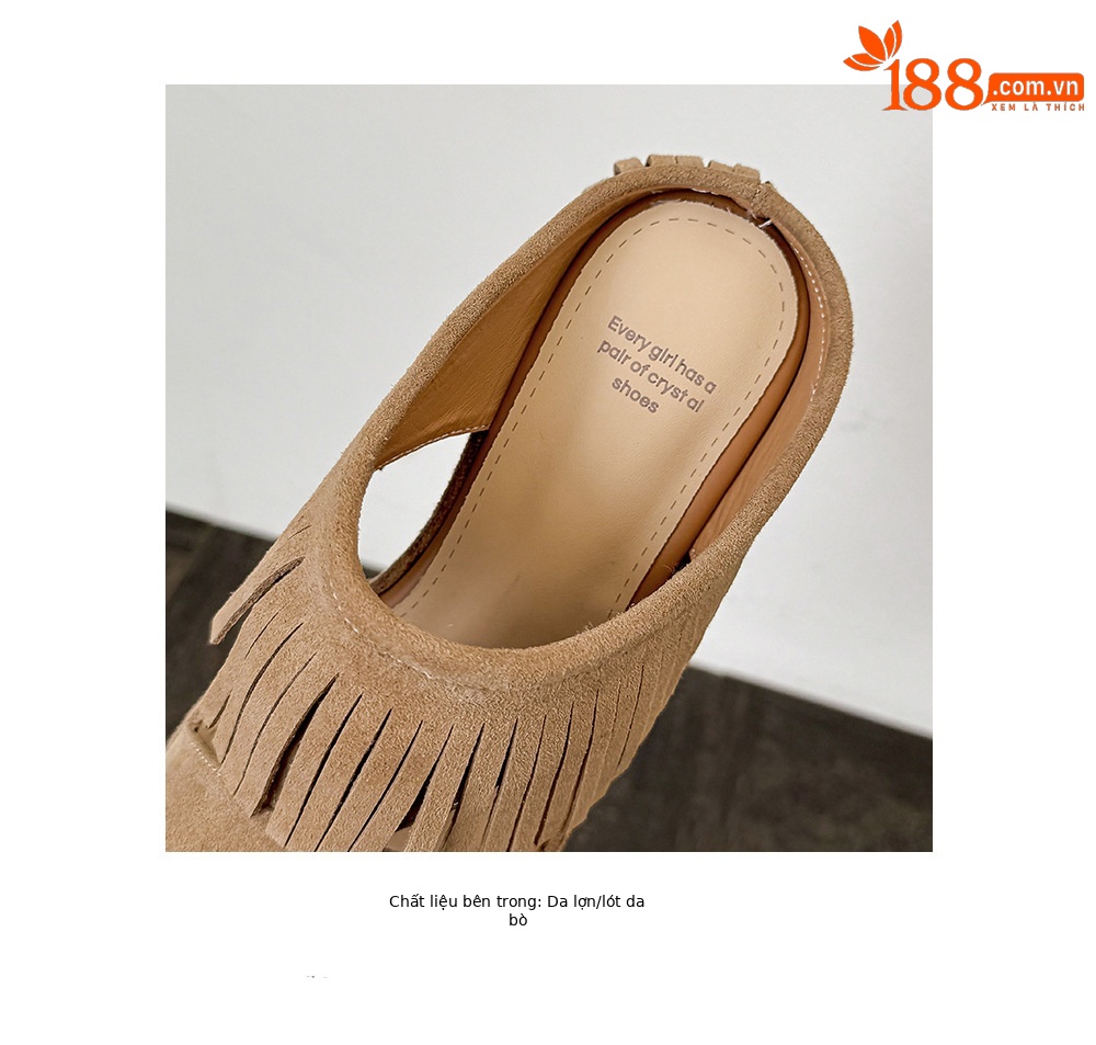 Sandal nữ hở mũi đế dày gót 11 cm tua rua quai ngang khóa — nâu sẫm chi tiết 16