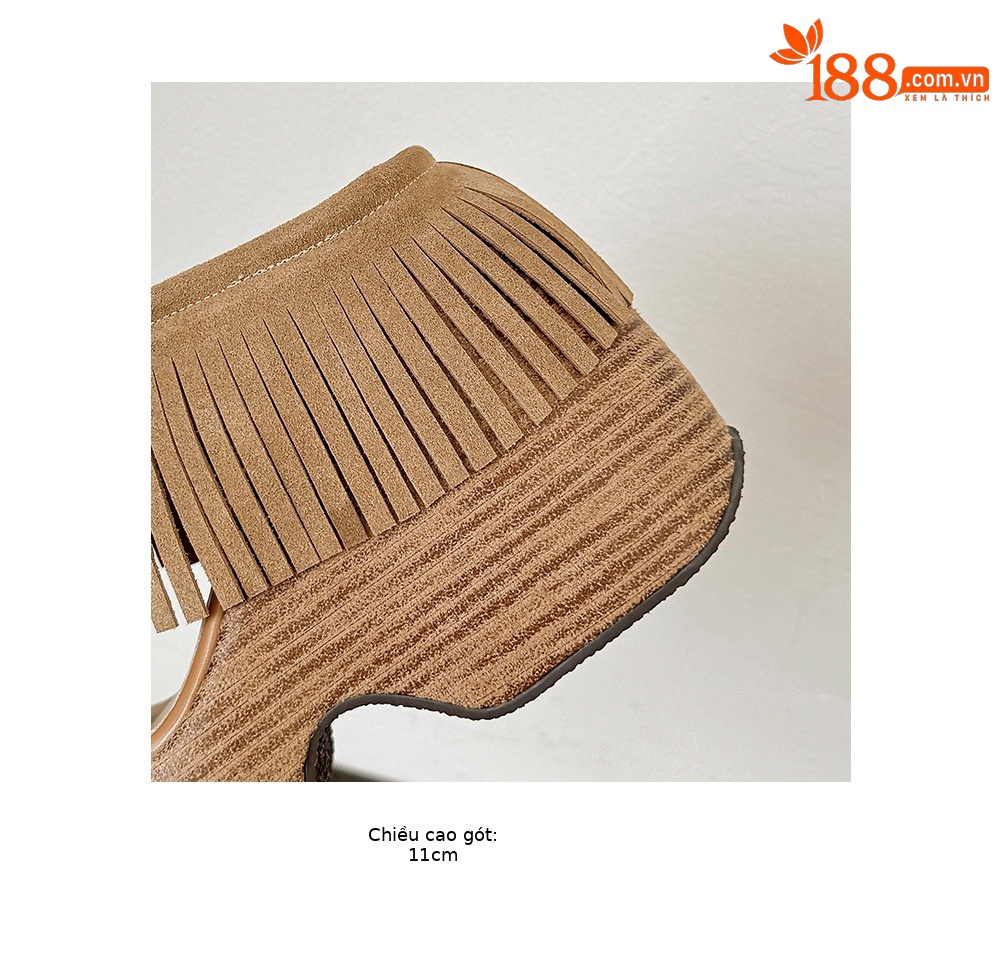 Sandal nữ hở mũi đế dày gót 11 cm tua rua quai ngang khóa — nâu sẫm chi tiết 17