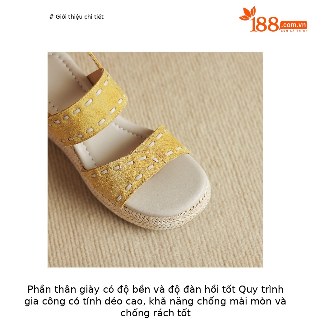 Sandal nữ đế xuồng đan rơm cao gót, quai ngang một dây, phong cách hè thoải mái — Màu caramel, màu vàng chi tiết 5