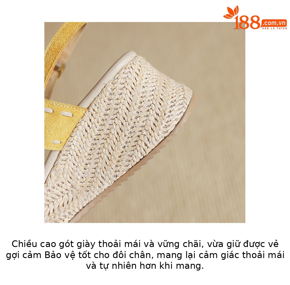 Sandal nữ đế xuồng đan rơm cao gót, quai ngang một dây, phong cách hè thoải mái — Màu caramel, màu vàng chi tiết 6