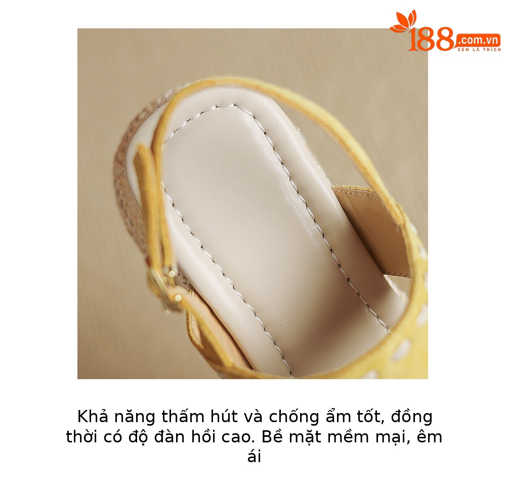 Sandal nữ đế xuồng đan rơm cao gót, quai ngang một dây, phong cách hè thoải mái — Màu caramel, màu vàng chi tiết 8