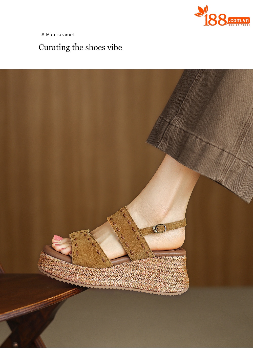 Sandal nữ đế xuồng đan rơm cao gót, quai ngang một dây, phong cách hè thoải mái — Màu caramel, màu vàng chi tiết 9