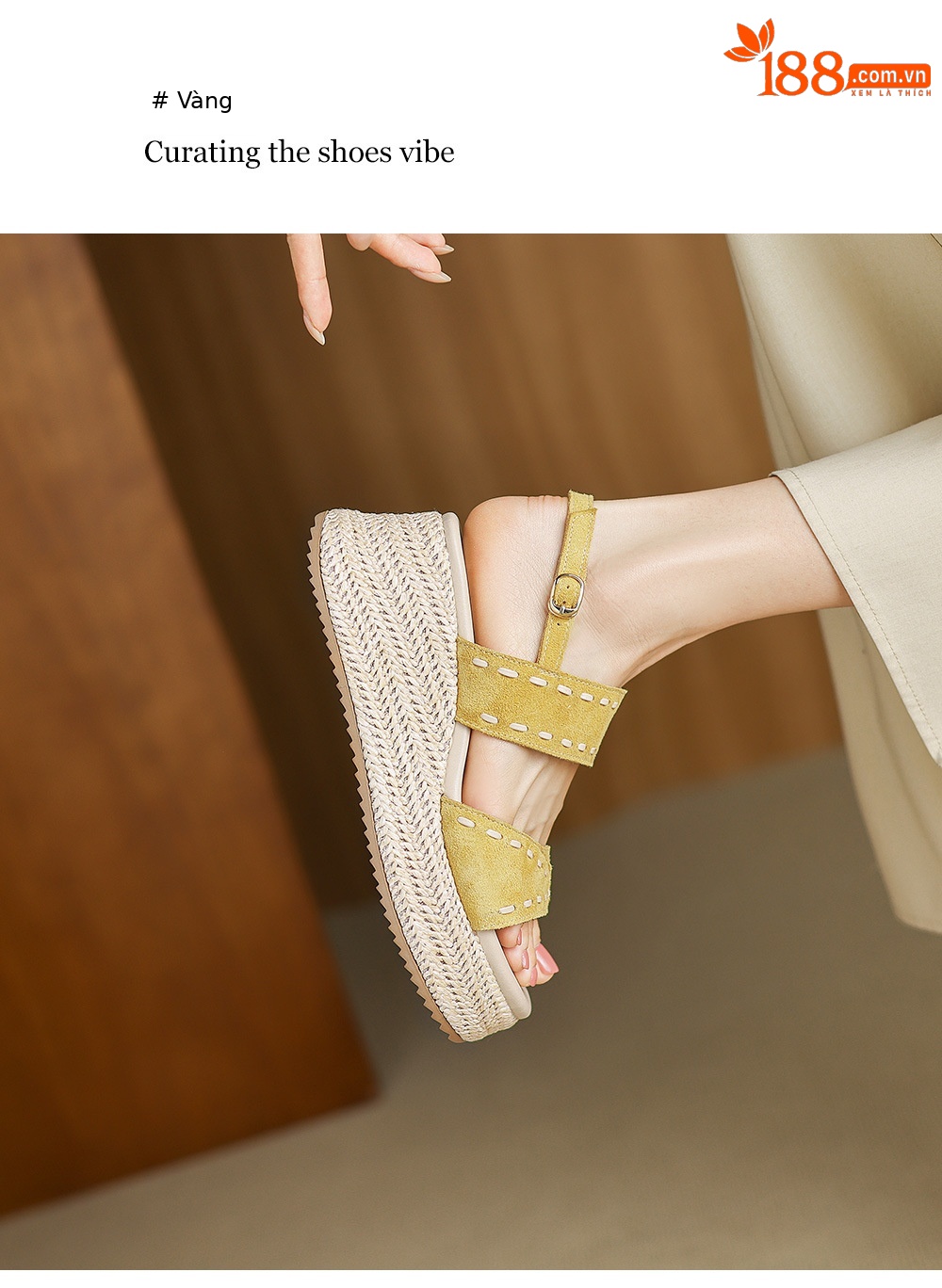 Sandal nữ đế xuồng đan rơm cao gót, quai ngang một dây, phong cách hè thoải mái — Màu caramel, màu vàng chi tiết 17