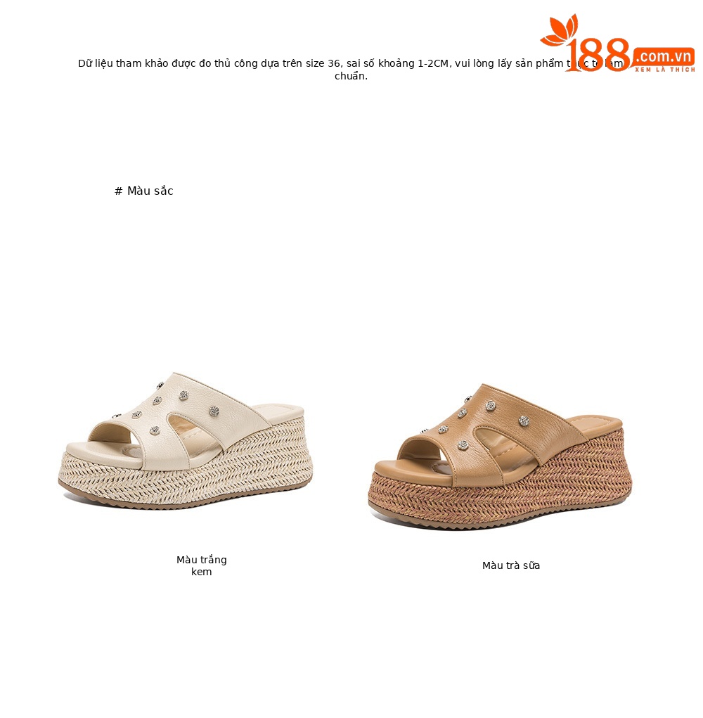 Dép sandal nữ quai chữ V đế đan thô đinh tán mũi hở — Trà sữa màu, màu trắng ngà chi tiết 4