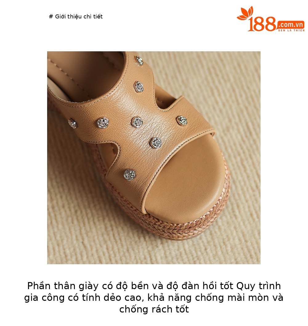 Dép sandal nữ quai chữ V đế đan thô đinh tán mũi hở — Trà sữa màu, màu trắng ngà chi tiết 5