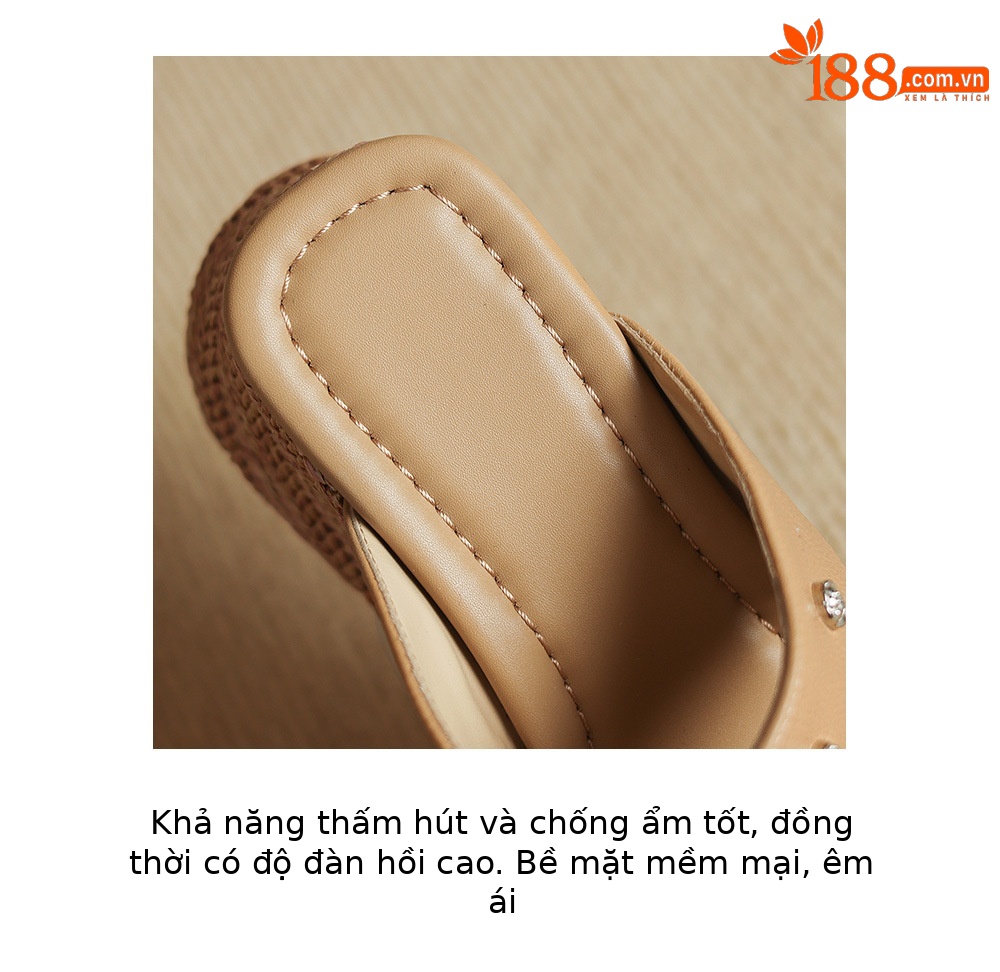 Dép sandal nữ quai chữ V đế đan thô đinh tán mũi hở — Trà sữa màu, màu trắng ngà chi tiết 8