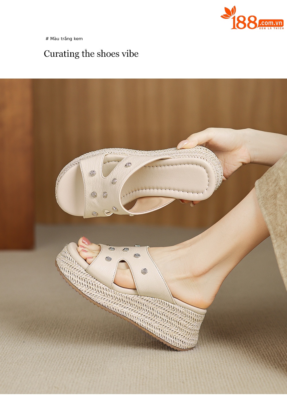 Dép sandal nữ quai chữ V đế đan thô đinh tán mũi hở — Trà sữa màu, màu trắng ngà chi tiết 9