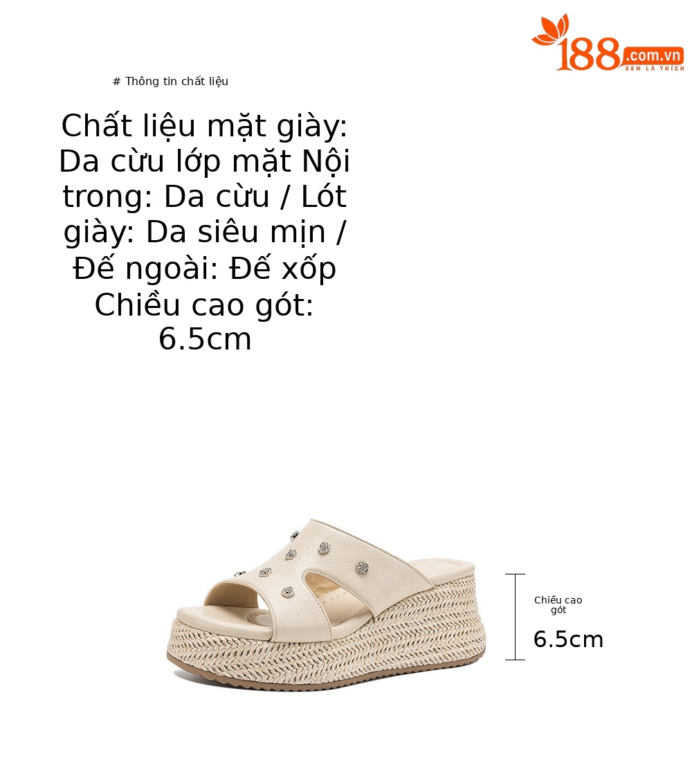 Dép sandal nữ quai chữ V đế đan thô đinh tán mũi hở — Trà sữa màu, màu trắng ngà chi tiết 3