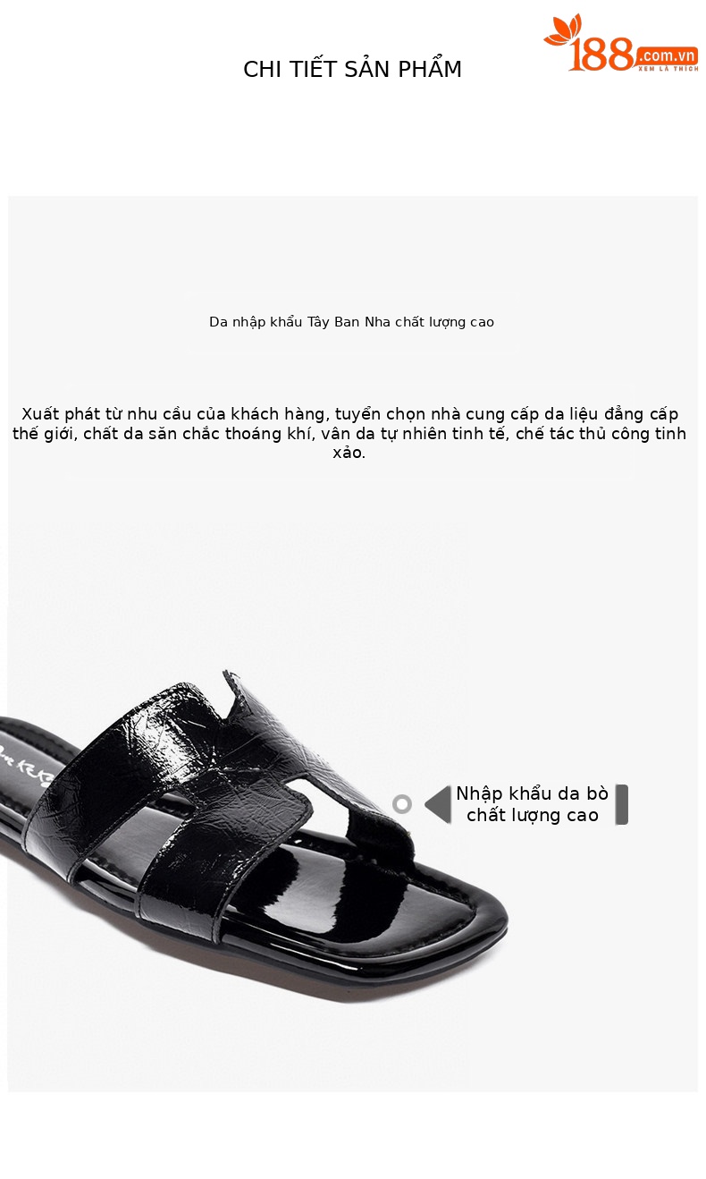 Dép sandal nữ da thật đế bệt quai chữ V hở mũi — màu đen chi tiết 2