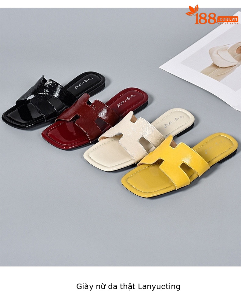 Dép sandal nữ da thật đế bệt quai chữ V hở mũi — màu đen chi tiết 3